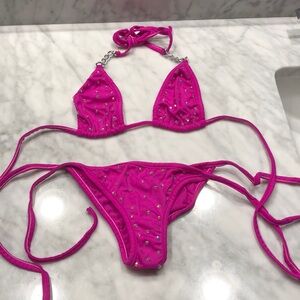 Hot pink Bikini with silver chain detail and rhinestones